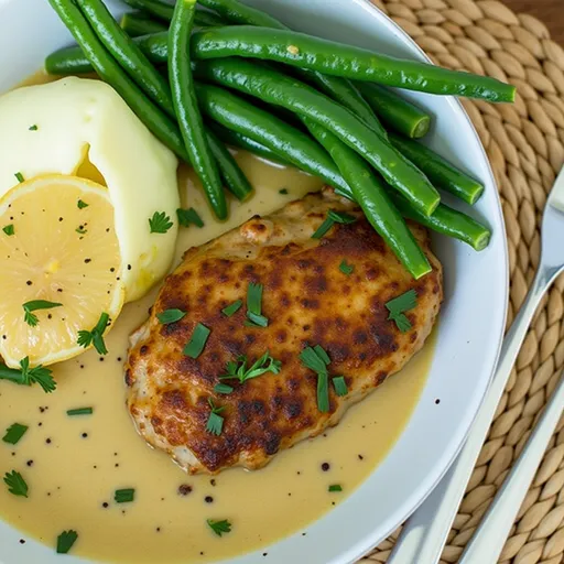 Appetizing creamy garlic chicken breast with garlic and parsley, beautifully lit.
