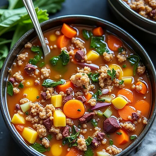 Appetizing view of a Weight Loss Soup with fresh ingredients, gently steaming in a warm-lit kitchen setting.