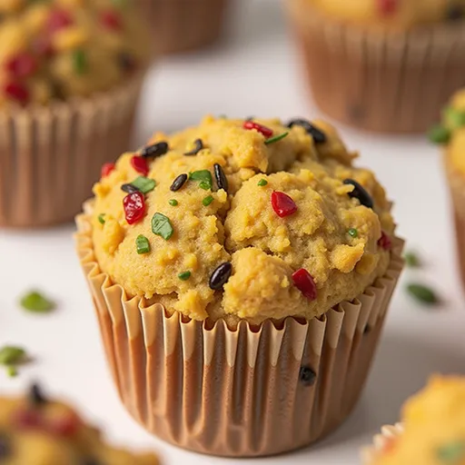 Freshly baked Vegan Savoury Muffins displayed on a rustic wooden surface.