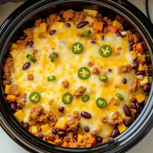 Delicious Slow Cooker Taco Casserole with a golden cheese crust, garnished with fresh herbs and served on a rustic table.