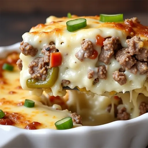 Warm casserole dish filled with Philly cheesesteak ingredients, topped with provolone and mozzarella cheeses.