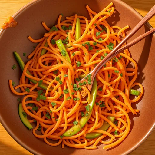Eye-level view of a refreshing cucumber and carrot salad, showcasing the textures and colors.