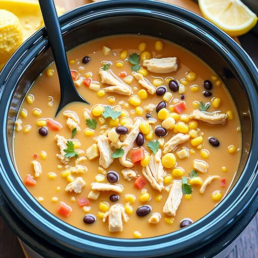 Warm tortilla soup with chicken, beans, and corn, beautifully presented in a cozy setting.