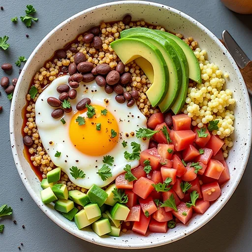 An appetizing high protein breakfast bowl with vibrant colors of eggs, avocado, and tomatoes.