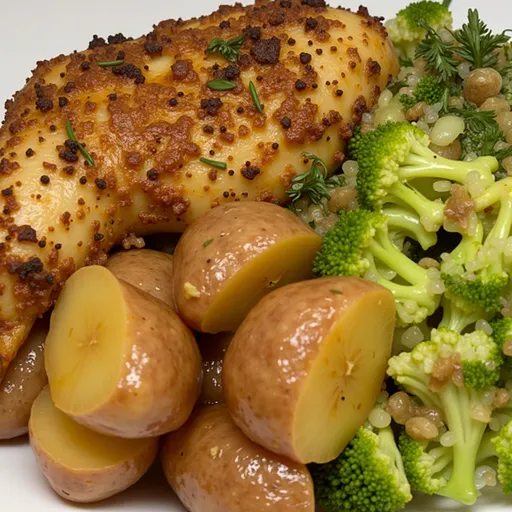 An eye-level shot of Crockpot Lemon Chicken & Potatoes, highlighting juicy chicken, diced potatoes, and fresh garlic in a rich broth.