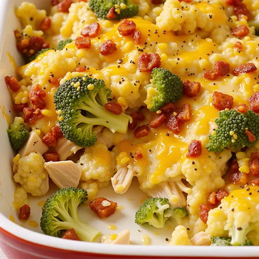A detailed view of a low carb chicken casserole with cauliflower and broccoli, illuminated by soft light.