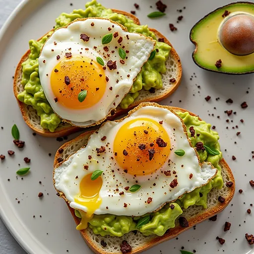 Detailed close-up of avocado toast featuring a fried egg, showcasing vibrant colors and textures.