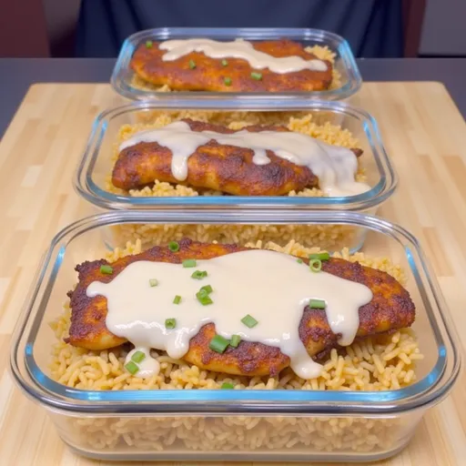 Eye-level view of a colorful Cajun chicken and rice bowl, showcasing creamy texture and vibrant ingredients.
