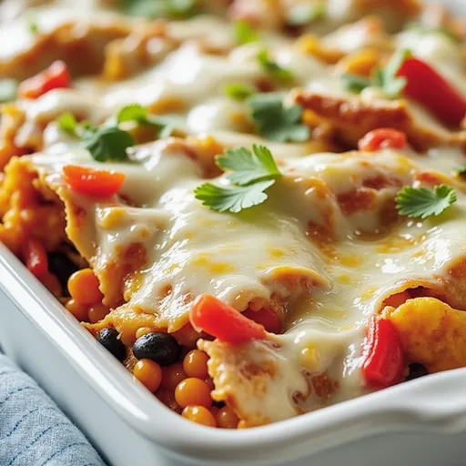 Eye-level view of a layered vegetarian enchilada casserole displaying vibrant ingredients.