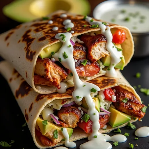 Eye-level view of an avocado chicken wrap, highlighting vibrant colors and textures.
