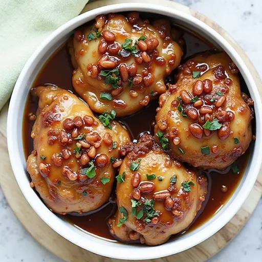 Eye-level view of succulent Honey Garlic Chicken, showcasing its glistening texture under warm light.