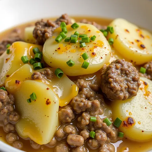 A comforting Crockpot Hamburger Potato Casserole showcasing layers of ground beef and potatoes.