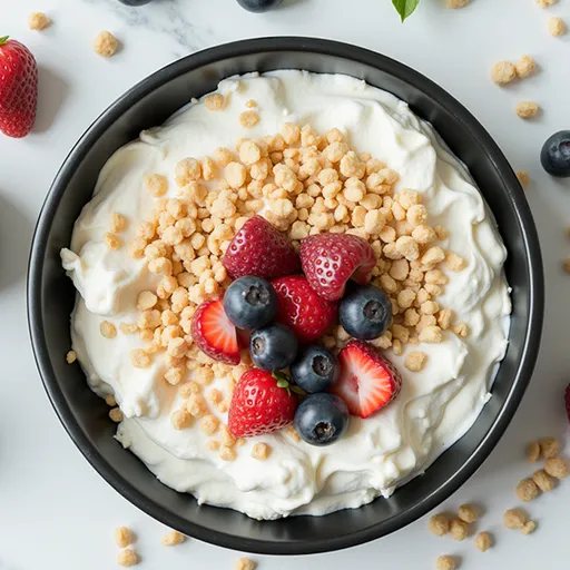 Eye-level view of a delicious cheesecake fluff dessert with berries, showcasing its texture.