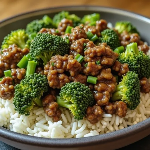 Delicious honey garlic ground beef mixed with vibrant broccoli florets on a rustic background.