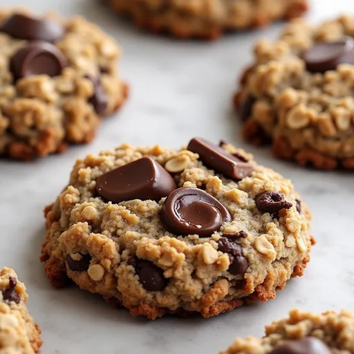 Soft, chewy banana oat cookies with a textured surface and a blurred cozy background.