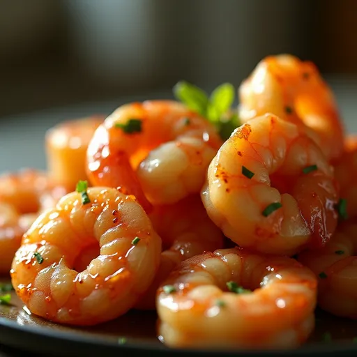Detailed view of cooked shrimp in a honey garlic sauce, highlighting the texture and garnishes.