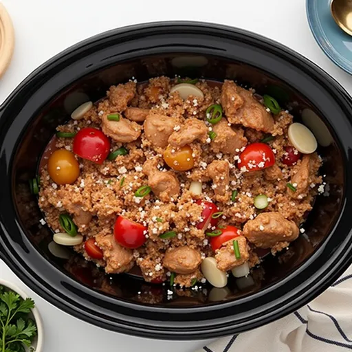A bowl of Slow Cooker Chicken Jambalaya featuring chunks of chicken and colorful vegetables.