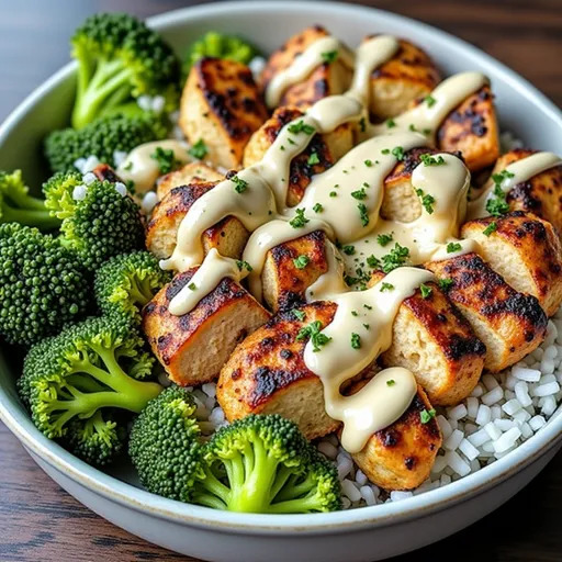 An appetizing creamy garlic chicken bowl with vibrant broccoli and rice, beautifully presented.