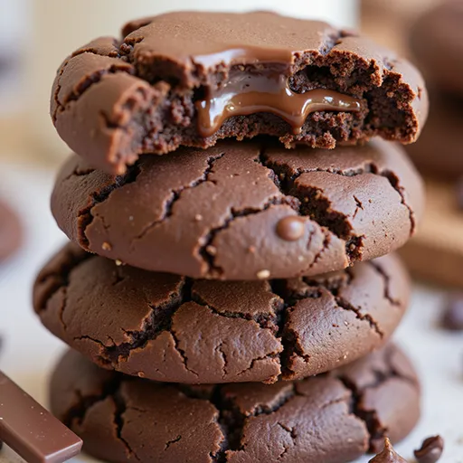 Delicious double chocolate cookies featuring a dark, glossy surface and sprinkled with chocolate chips against a cozy background.