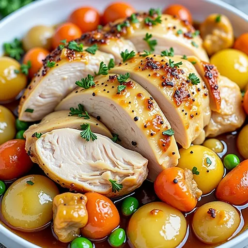 Delicious Crockpot Chicken with veggies in a close-up shot, highlighting its textures and colors.