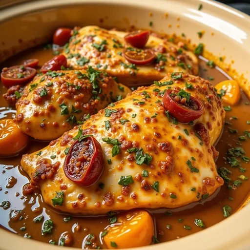 Appetizing Crockpot chicken dish garnished with fresh basil and served in a cozy setting.
