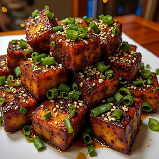 Eye-level view of crispy honey garlic tofu, showcasing rich textures and garnishes that enhance the dish.