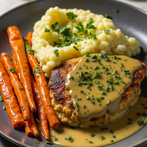 Gourmet presentation of herb chicken served with fluffy mashed potatoes and sweet carrots.