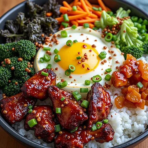 Delicious Korean BBQ chicken rice bowl featuring colorful vegetables and a side of soft shadows.