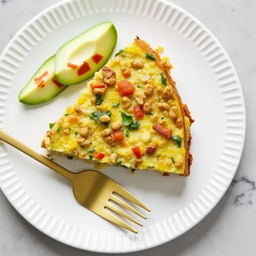 Delicious vegan vegetable frittata displayed on a rustic plate, showcasing ingredients like mushrooms and herbs.