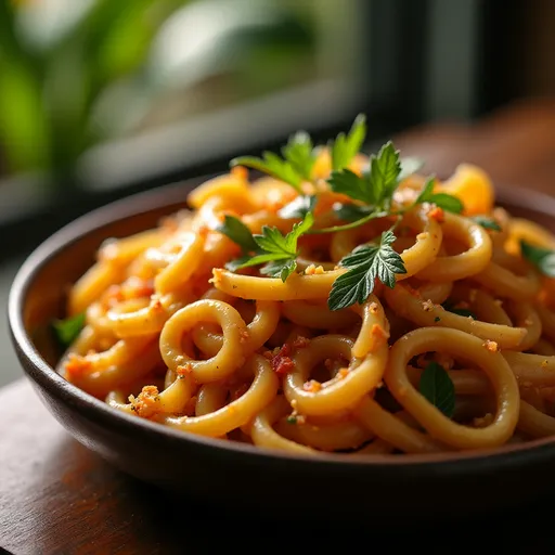 An appetizing food presentation with a blurred background, showcasing intricate textures and warm lighting.