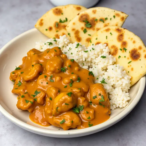 A vibrant plate of butter chicken featuring rich gravy and pieces of chicken, elegantly presented.