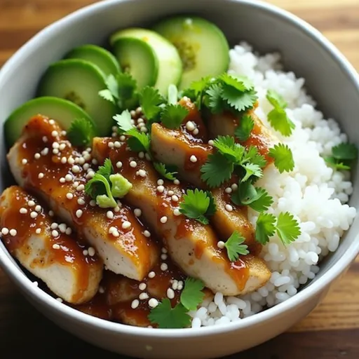 Deliciously presented Sticky Chicken Rice Bowl showcasing chicken thighs, rice, and colorful vegetables.