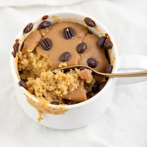 Delicious 3 ingredient peanut butter mug cake displayed beautifully with natural lighting highlighting its texture.