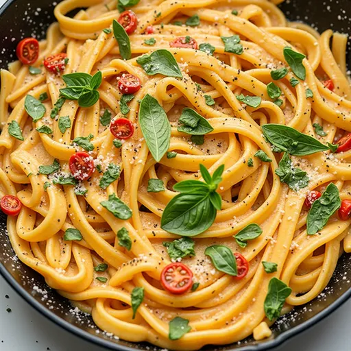 A vibrant plate of sun-dried tomato vegan pasta, beautifully presented with basil.