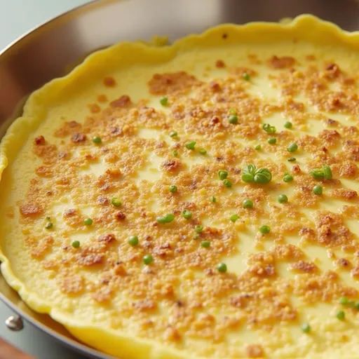 Close-up of a Vegan Chickpea Omelette, highlighting its soft surface and fresh herbs.