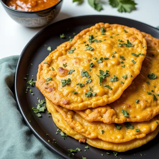 A beautifully detailed shot of a golden Masoor Dal Chilla, highlighting its texture and crispy edges.