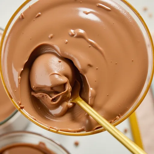 Eye-level shot of thick and creamy Healthy Chocolate Mousse, highlighted by soft light, emphasizing its appetizing look.