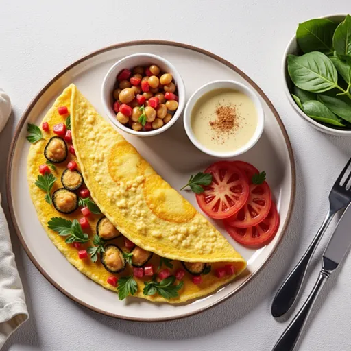 A delicious, vegan Chickpea Flour Omelette filled with chopped veggies, captured in soft lighting.