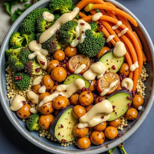 A vibrant serving of roasted veggie chickpea bowl with quinoa and a drizzle of dressing.