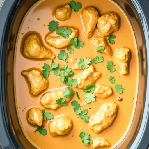 A vibrant serving of healthy butter chicken featuring coconut milk and spices, presented in natural lighting.