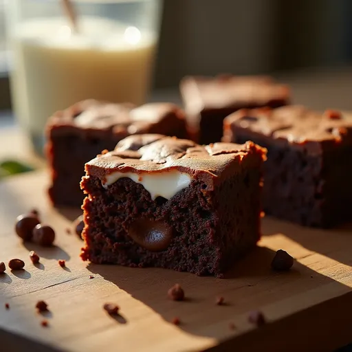 Delicious brownies made with cocoa powder and Greek yogurt, showcasing a textured surface and soft shadows.