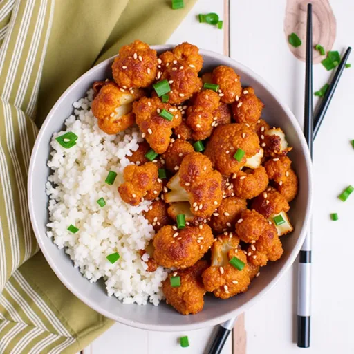 Detailed view of savory sticky sesame cauliflower, highlighted by soft lighting and beautiful textures.