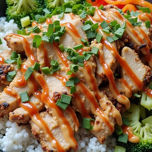 A beautifully styled Bang Bang Chicken Bowl showing tender chicken, rice, and garnishes.