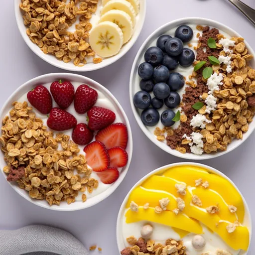 Eye-level shot of a granola bowl with yogurt, honey drizzle, and fresh fruit.