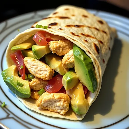 A vibrant Chicken Avocado Wrap cut in half, revealing layers of chicken, avocado, and colorful veggies under natural light.
