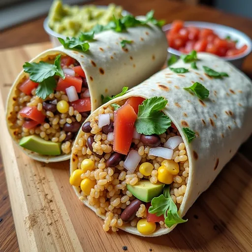 An appetizing stack of vegan burrito wraps, highlighting fresh vegetables and beans, beautifully lit from the side.