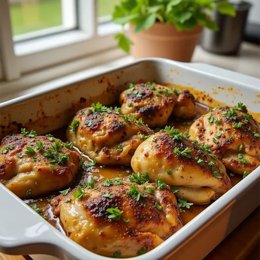 Juicy, baked chicken thighs presented in a rustic setting, highlighted by shadows.