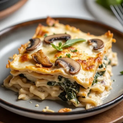 Textured Mushroom and Spinach Lasagna in a cozy setting, with warm lighting enhancing its appetizing appearance.