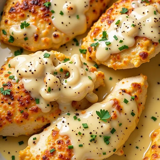 Succulent chicken breasts in a creamy sauce, presented in a rustic setting.