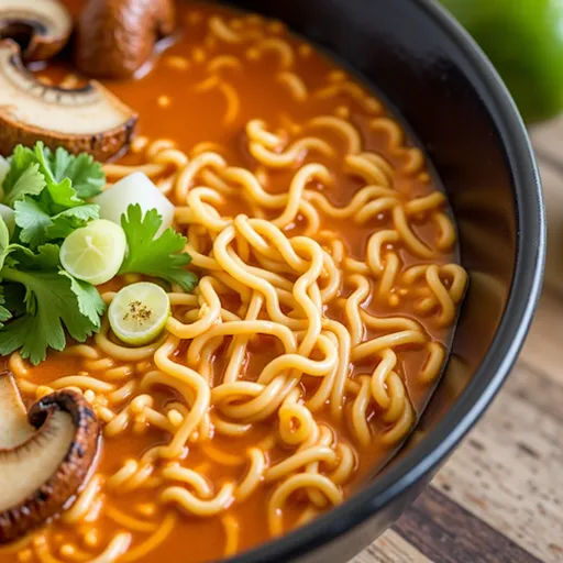 A detailed view of Vegan Spicy Miso Ramen, showcasing noodles, mushrooms, and greens in a cozy setting.